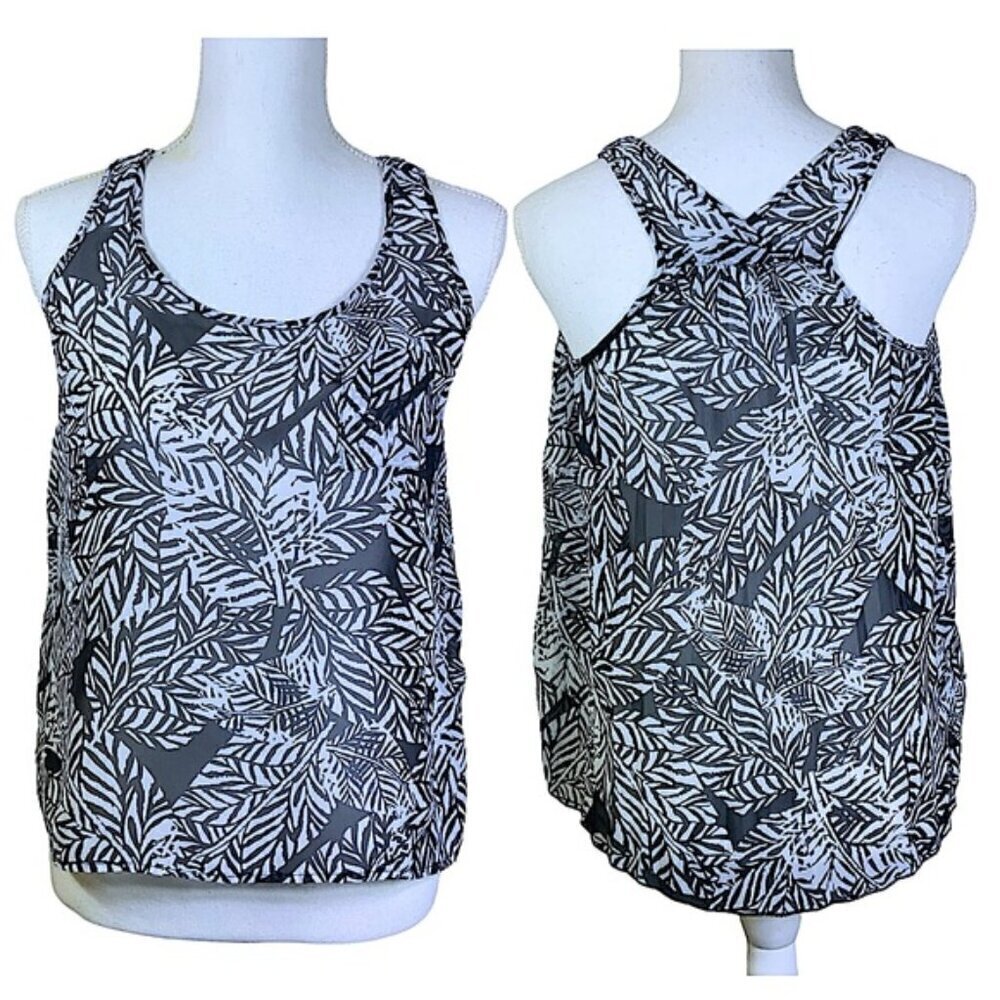Aeropostale Sleeveless Semi Sheer Tank Top Geometric Leaf Print Black White S